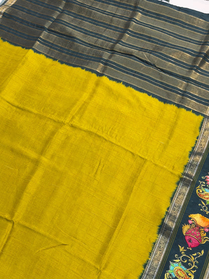 UTSAV BANARAS 372: Mustard Gold Tussar Georgette Saree with Tanjore Artistry Border