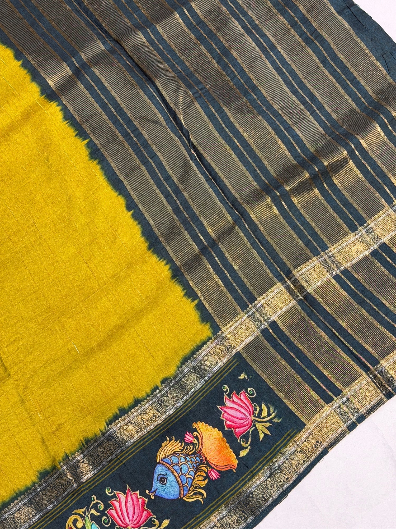 UTSAV BANARAS 372: Mustard Gold Tussar Georgette Saree with Tanjore Artistry Border