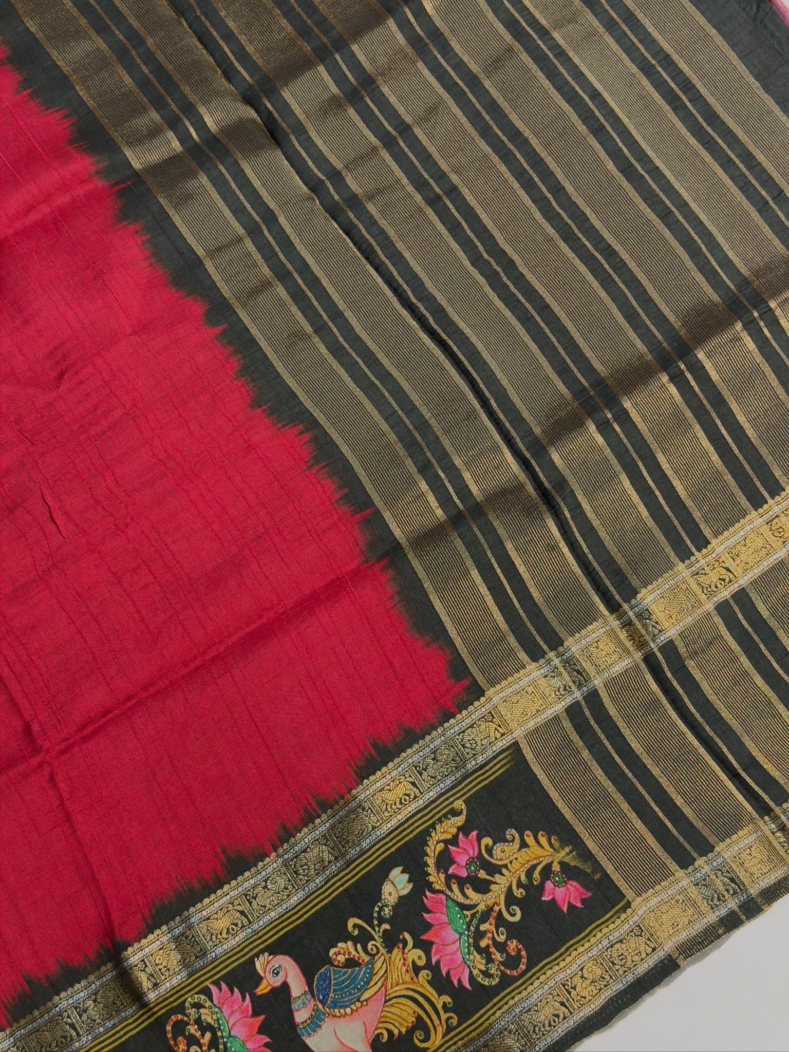 UTSAV BANARAS 387: Cherry Red Tussar Georgette Saree with Tanjore Artistry Border