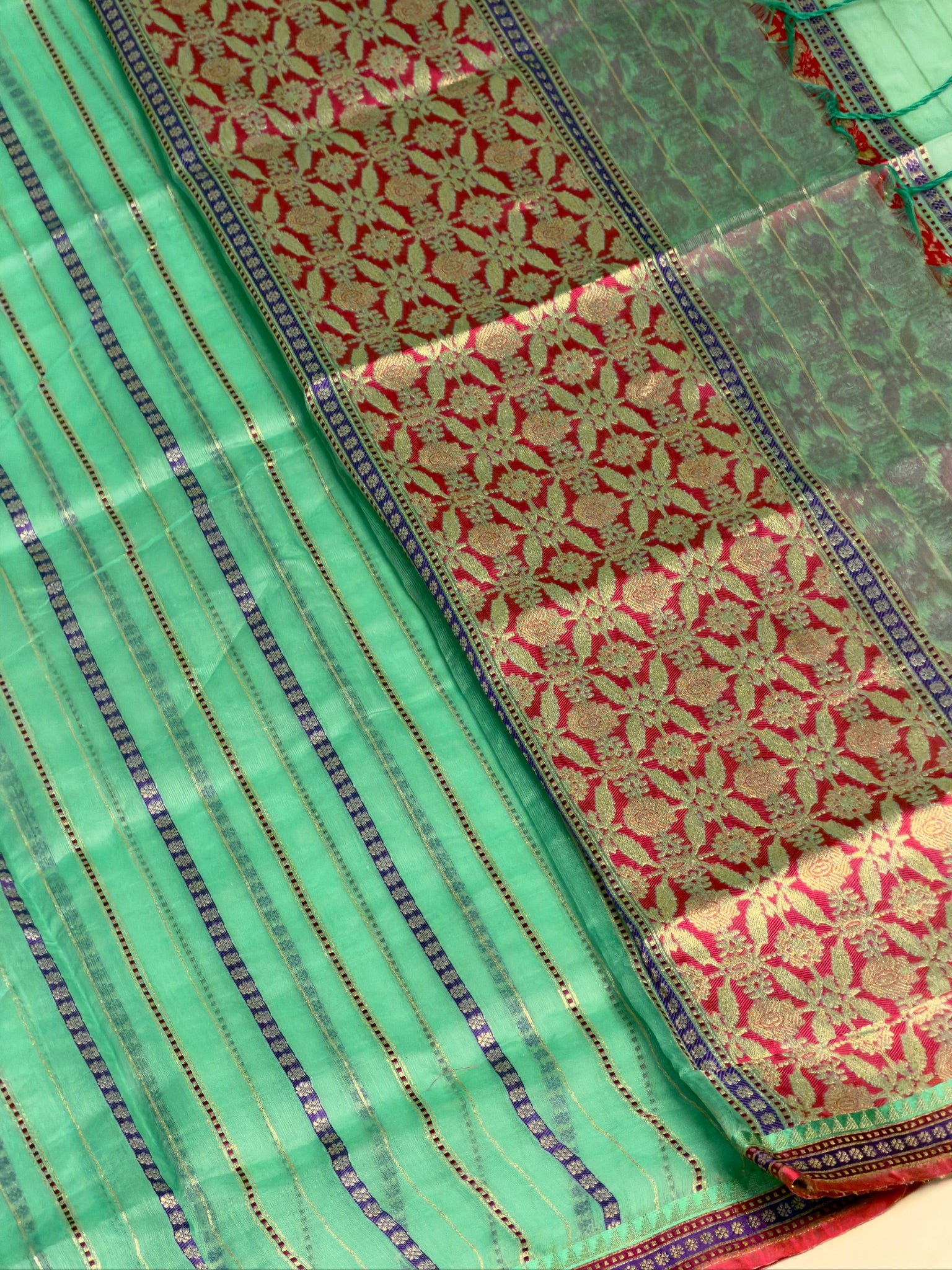 MANSI 169: Aqua Green Raw Silk Suit Set with Designer Woven Dupatta