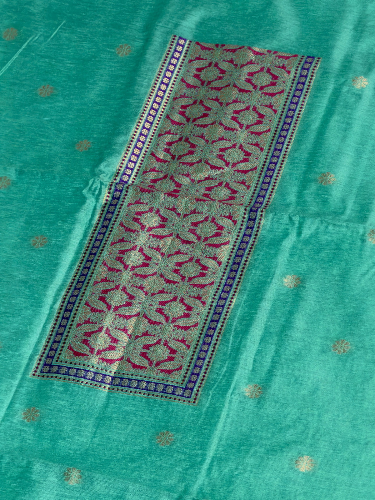 MANSI 169: Aqua Green Raw Silk Suit Set with Designer Woven Dupatta