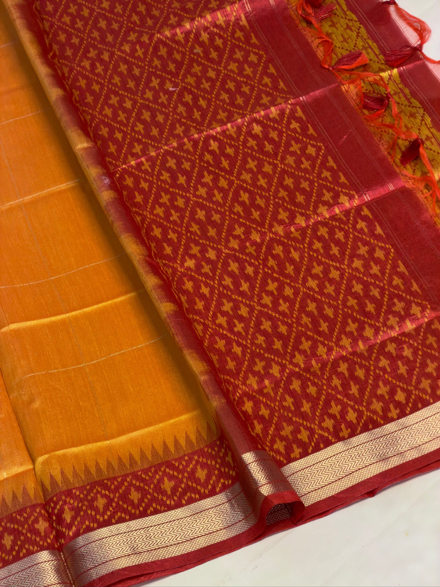 MANSI 166: Royal Red Raw Silk Suit Set with Orange &amp; Red Designer Dupatta