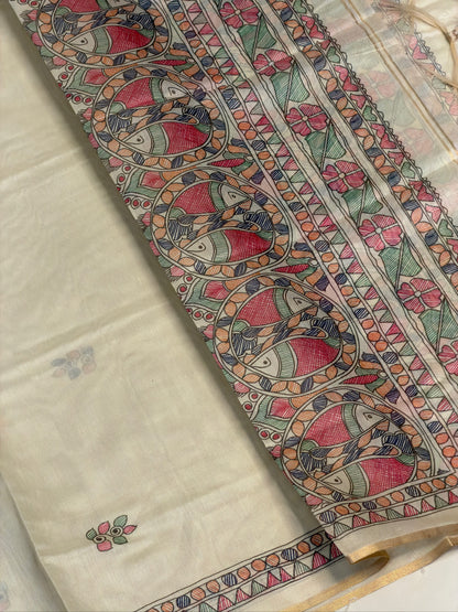 MANSI 173: Coffee Brown Raw Silk Suit Set with Cream Madhubani Dupatta