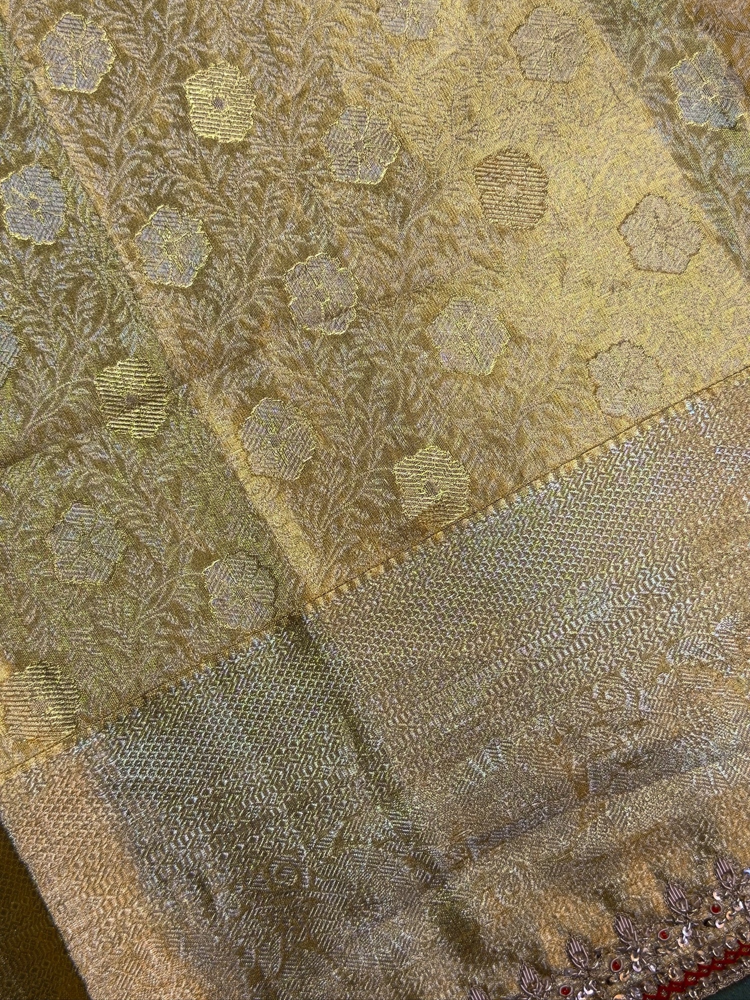 VIRASAT 414: Regal Gold Brocade Tissue Silk Saree with Hand Zardozi Border