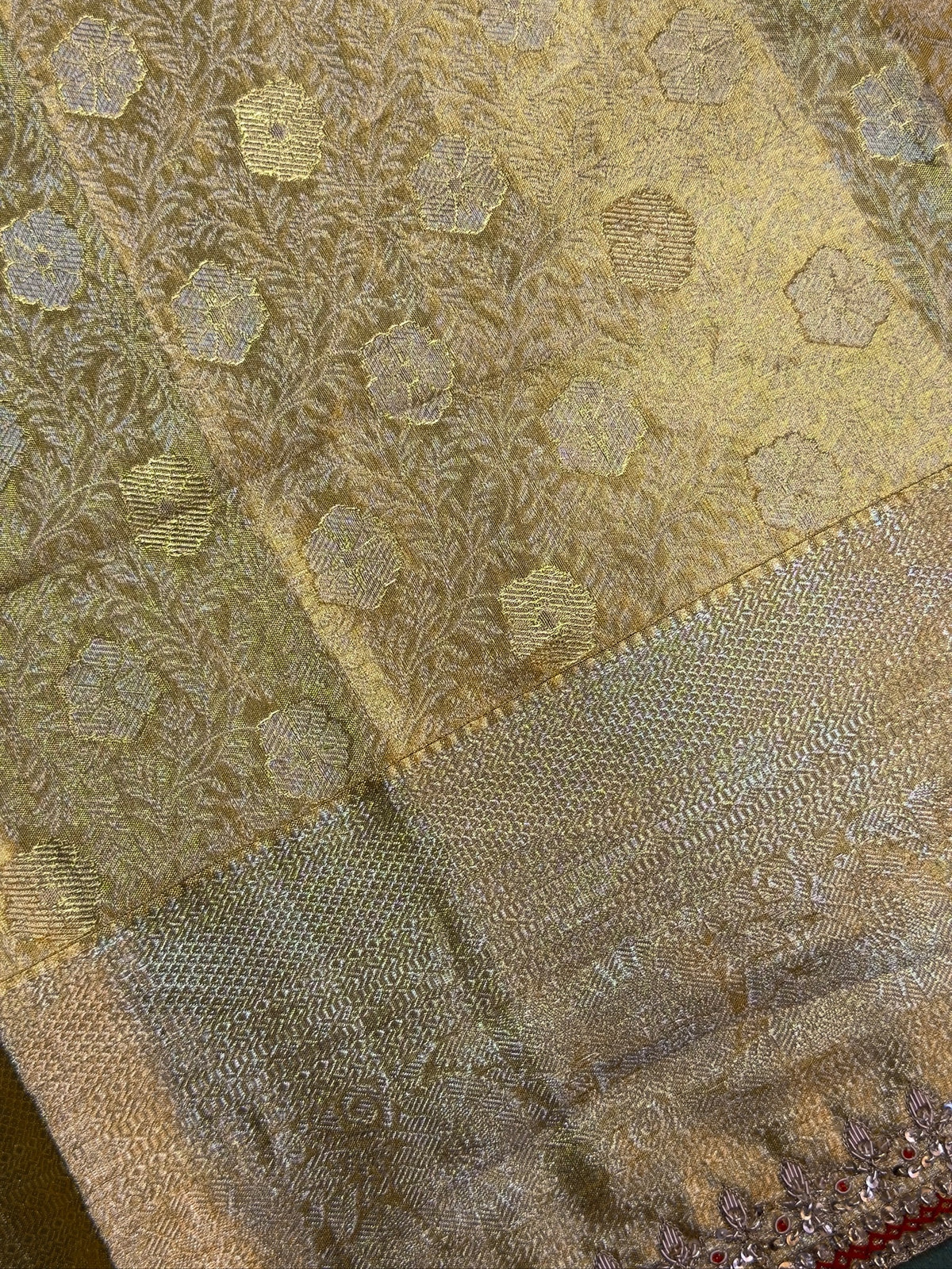 VIRASAT 414: Regal Gold Brocade Tissue Silk Saree with Hand Zardozi Border
