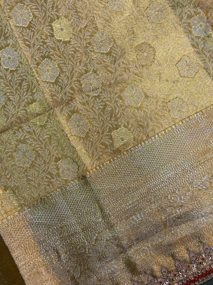 VIRASAT 414: Regal Gold Brocade Tissue Silk Saree with Hand Zardozi Border