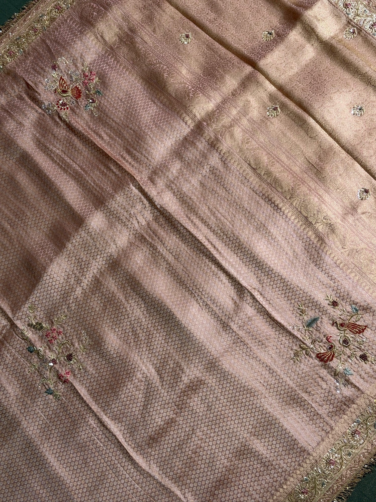 VIRASAT 387: Blush Rose Brocade Tissue Silk Saree with Handcrafted Embroidery
