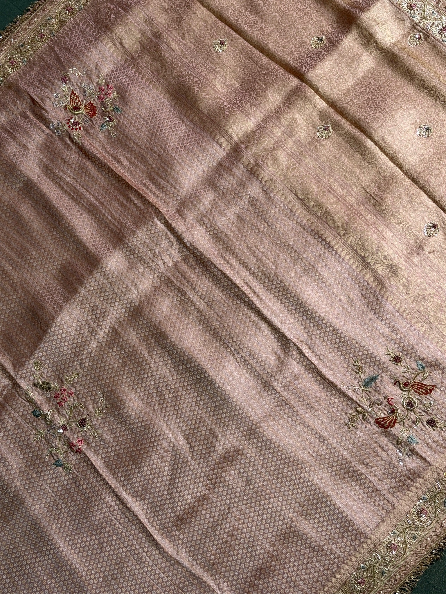 VIRASAT 387: Blush Rose Brocade Tissue Silk Saree with Handcrafted Embroidery