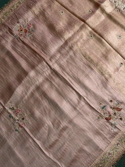 VIRASAT 387: Blush Rose Brocade Tissue Silk Saree with Handcrafted Embroidery