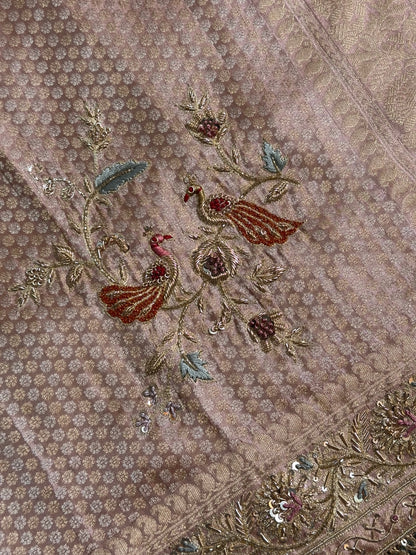 VIRASAT 387: Blush Rose Brocade Tissue Silk Saree with Handcrafted Embroidery