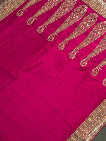 Virasat 397: Rich Pink Raw Silk Saree with Hand Zardozi Embroidery