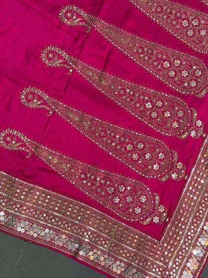 Virasat 397: Rich Pink Raw Silk Saree with Hand Zardozi Embroidery