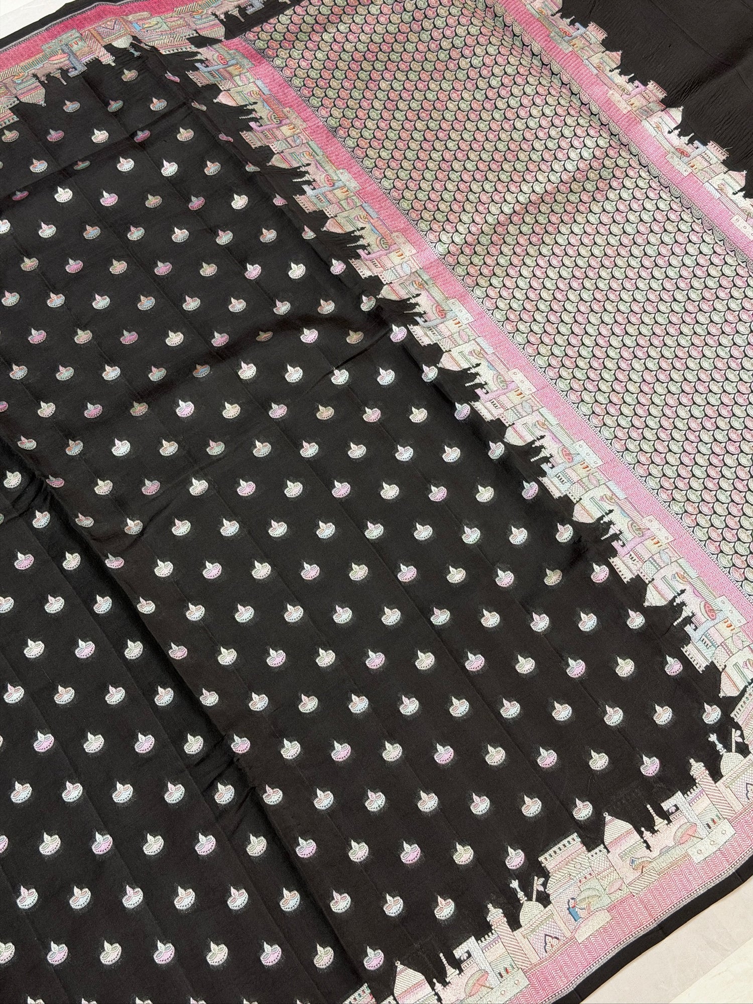 Founder choice 064: Midnight Black Pure Silk Meenakari Ghat Design Saree with Diya Motifs