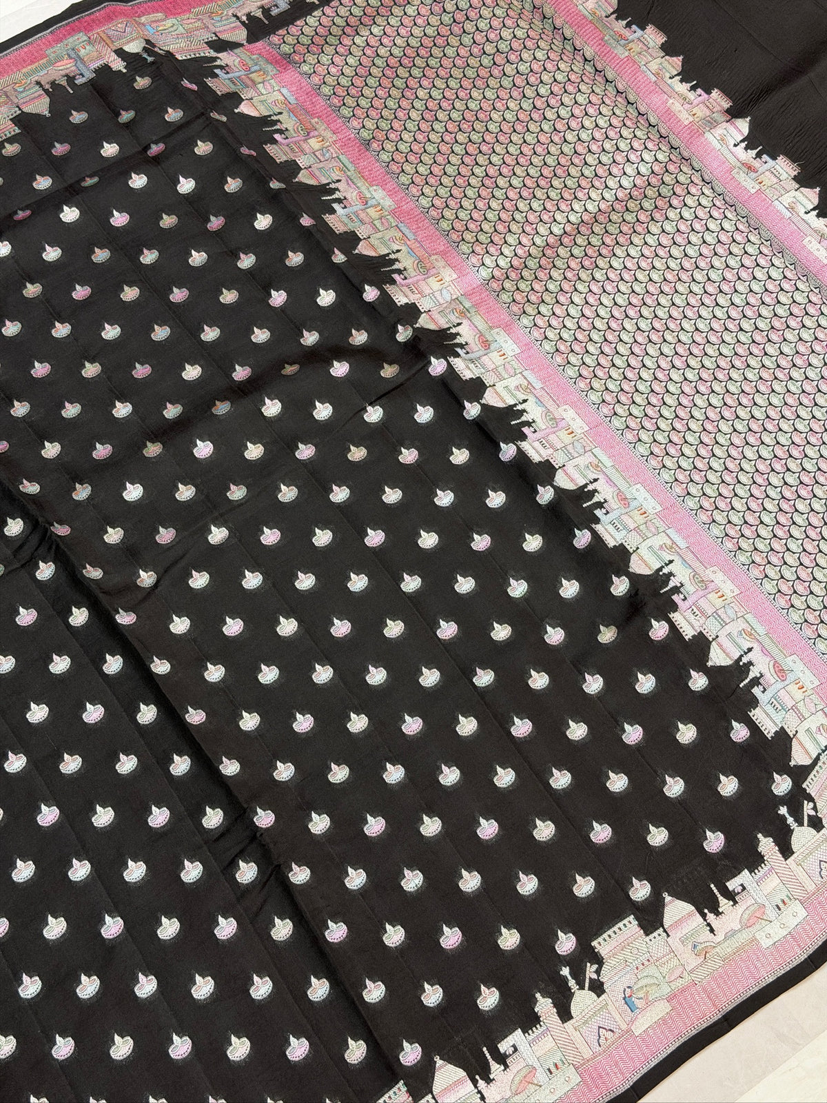 Founder choice 064: Midnight Black Pure Silk Meenakari Ghat Design Saree with Diya Motifs