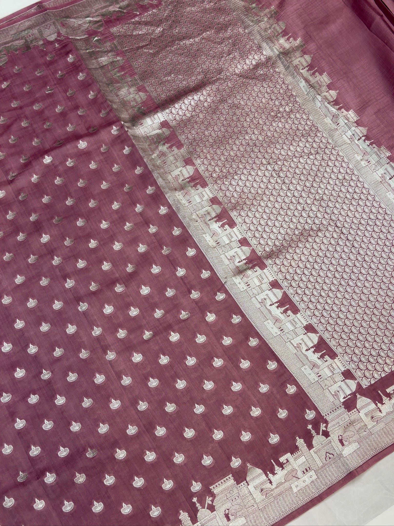 VIRASAT 404: Mauve Pink Pure Silk Saree with Silver Ghat Border &amp; Diya Motifs