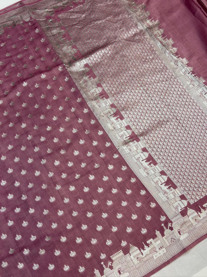 VIRASAT 404: Mauve Pink Pure Silk Saree with Silver Ghat Border &amp; Diya Motifs