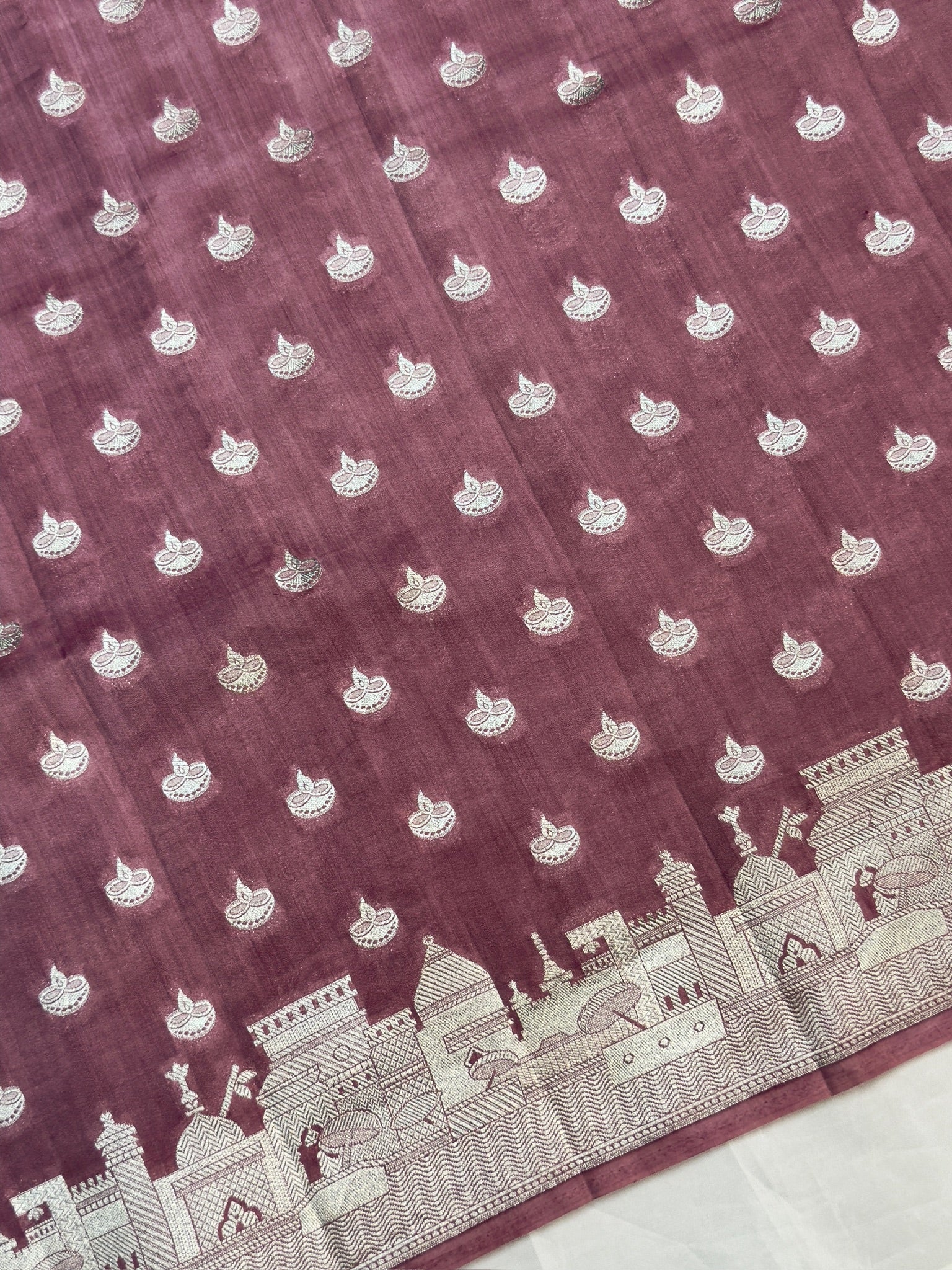 VIRASAT 404: Mauve Pink Pure Silk Saree with Silver Ghat Border &amp; Diya Motifs