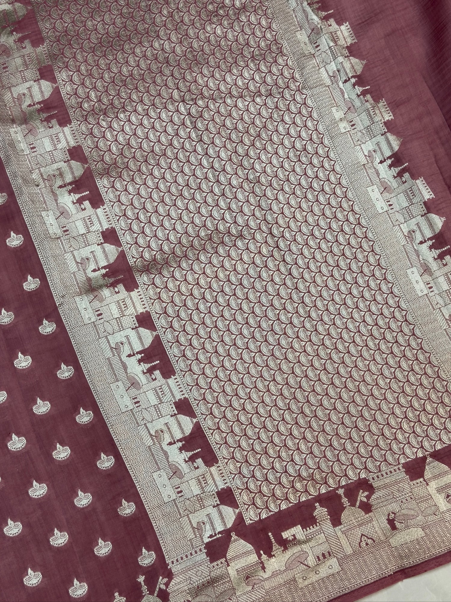VIRASAT 404: Mauve Pink Pure Silk Saree with Silver Ghat Border &amp; Diya Motifs