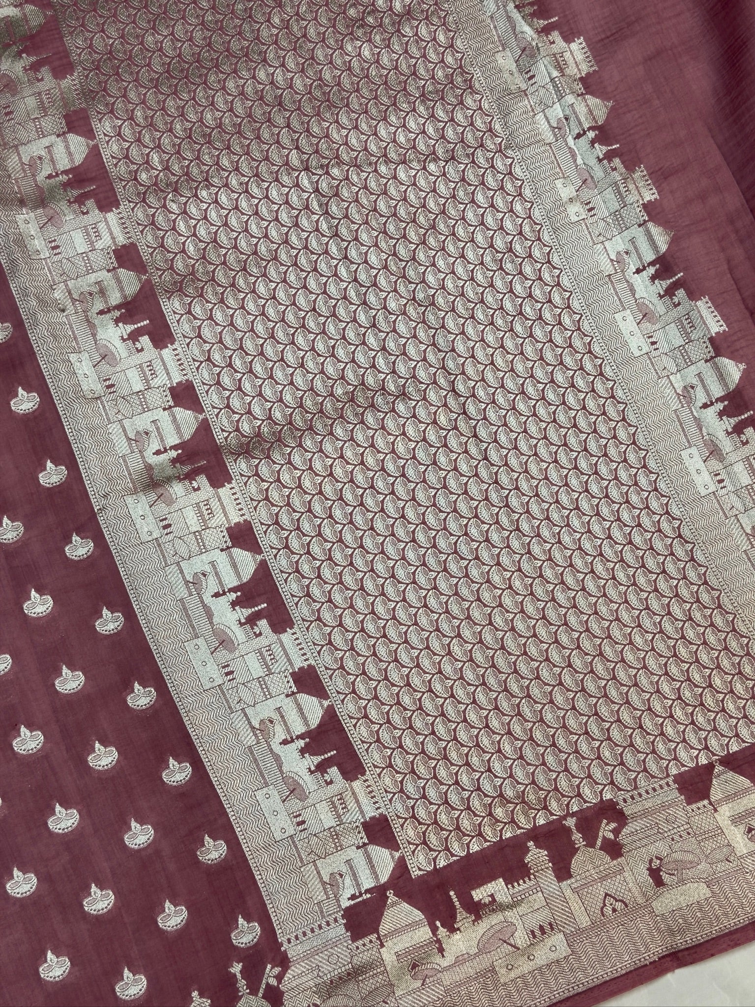VIRASAT 404: Mauve Pink Pure Silk Saree with Silver Ghat Border &amp; Diya Motifs
