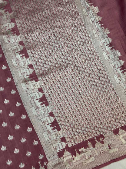 VIRASAT 404: Mauve Pink Pure Silk Saree with Silver Ghat Border &amp; Diya Motifs