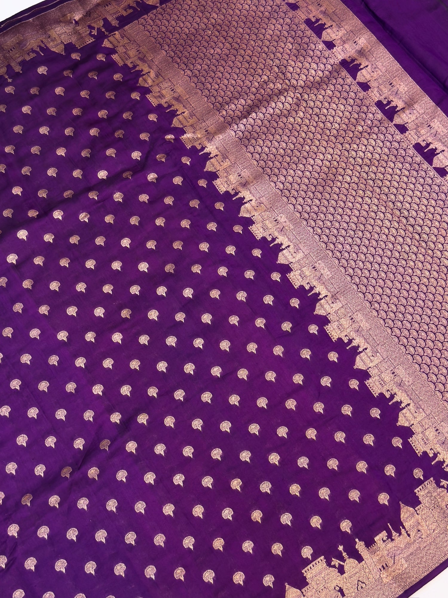 VIRASAT 403: Deep Purple Pure Silk Saree with Zari Ghat Design &amp; Diya Motifs