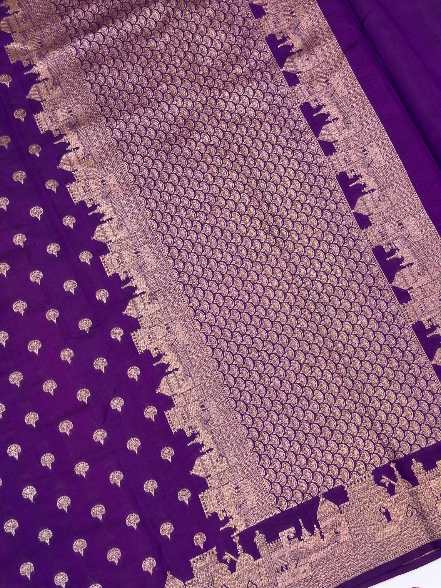VIRASAT 403: Deep Purple Pure Silk Saree with Zari Ghat Design &amp; Diya Motifs