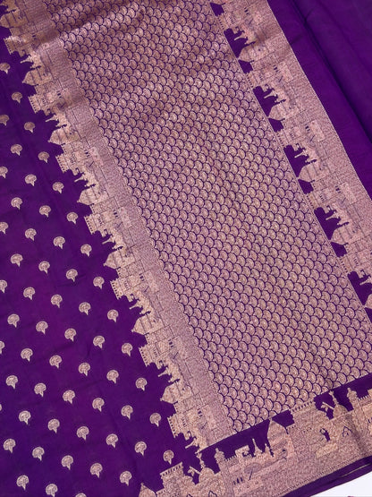 VIRASAT 403: Deep Purple Pure Silk Saree with Zari Ghat Design &amp; Diya Motifs