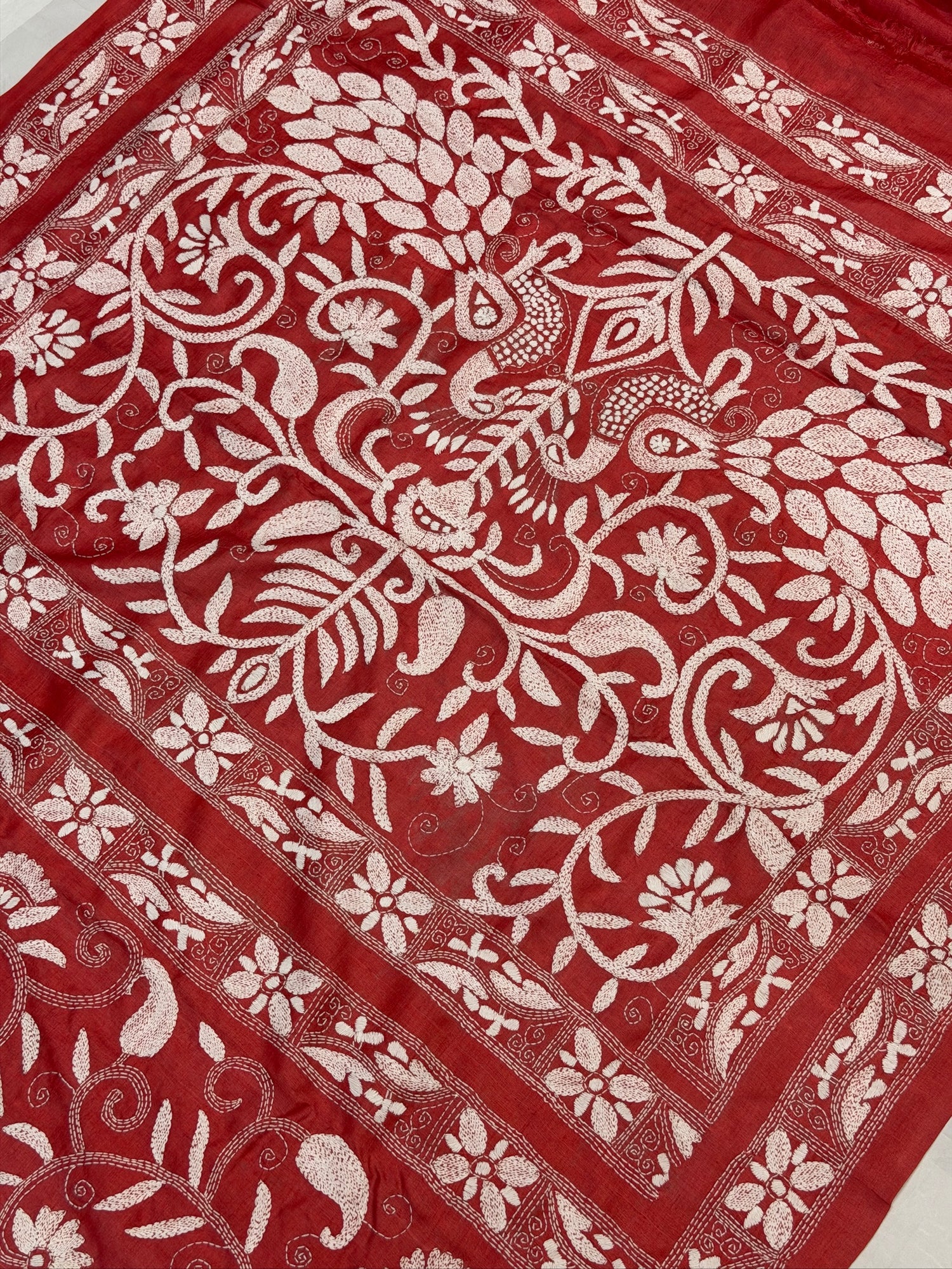 VIRASAT 354: Blush Red Pure Tussar Silk Kantha Work Saree | Silk Mark Certified