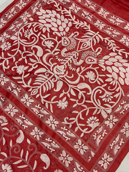 VIRASAT 354: Blush Red Pure Tussar Silk Kantha Work Saree | Silk Mark Certified