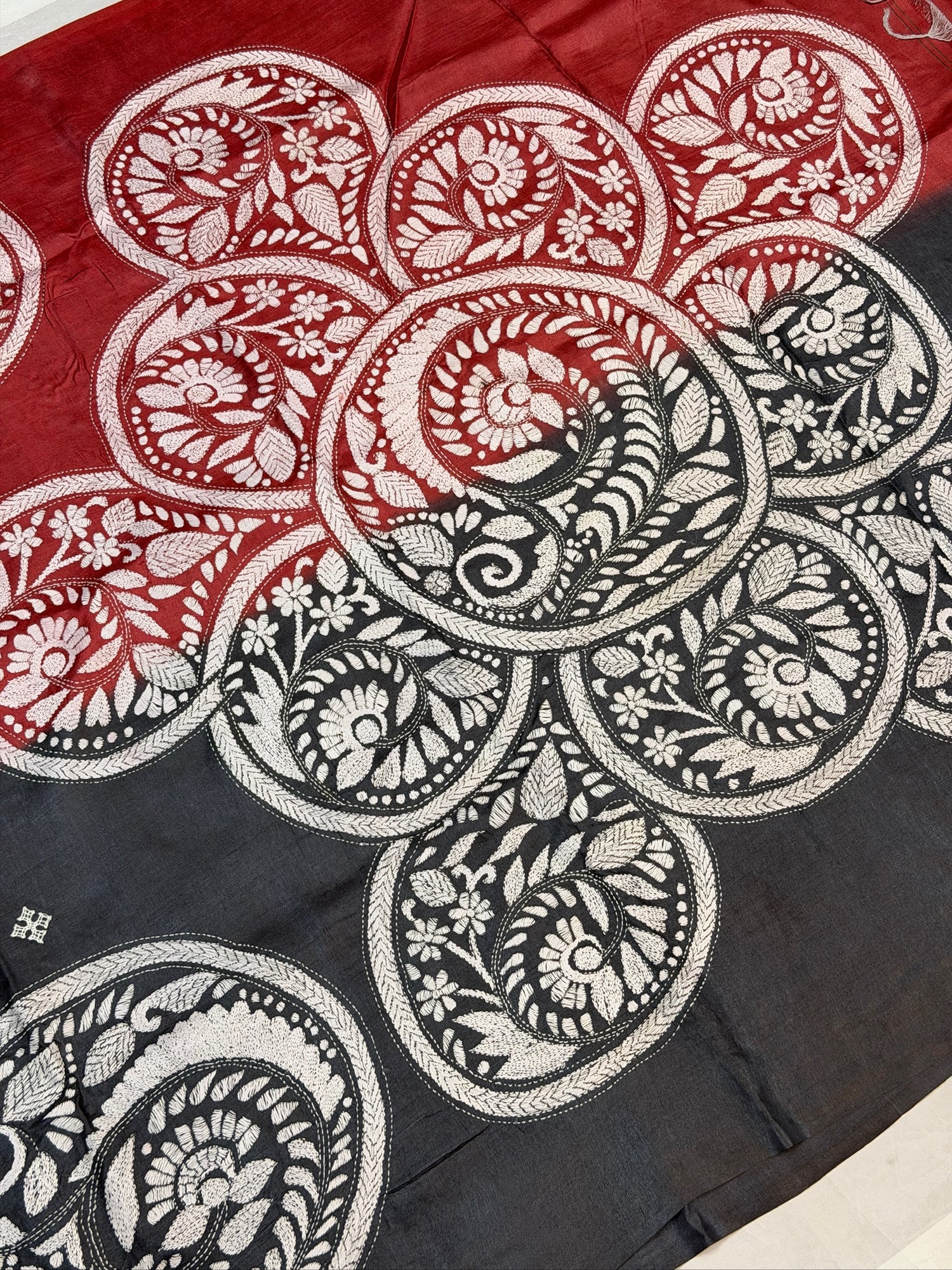VIRASAT 358: Noir Rouge Pure Tussar Silk Kantha Work Saree | Silk Mark Certified