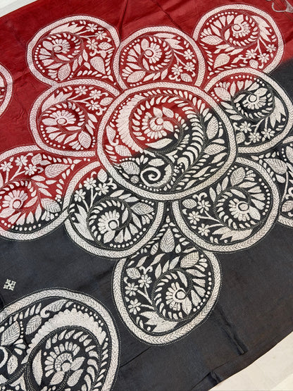 VIRASAT 358: Noir Rouge Pure Tussar Silk Kantha Work Saree | Silk Mark Certified