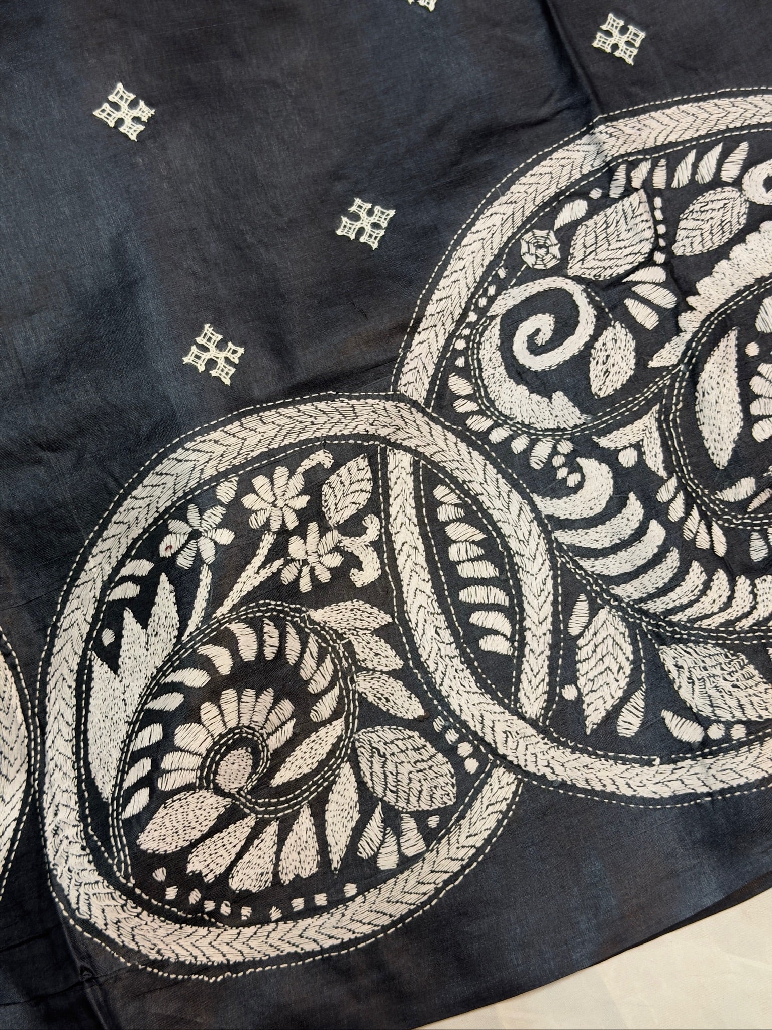 VIRASAT 358: Noir Rouge Pure Tussar Silk Kantha Work Saree | Silk Mark Certified