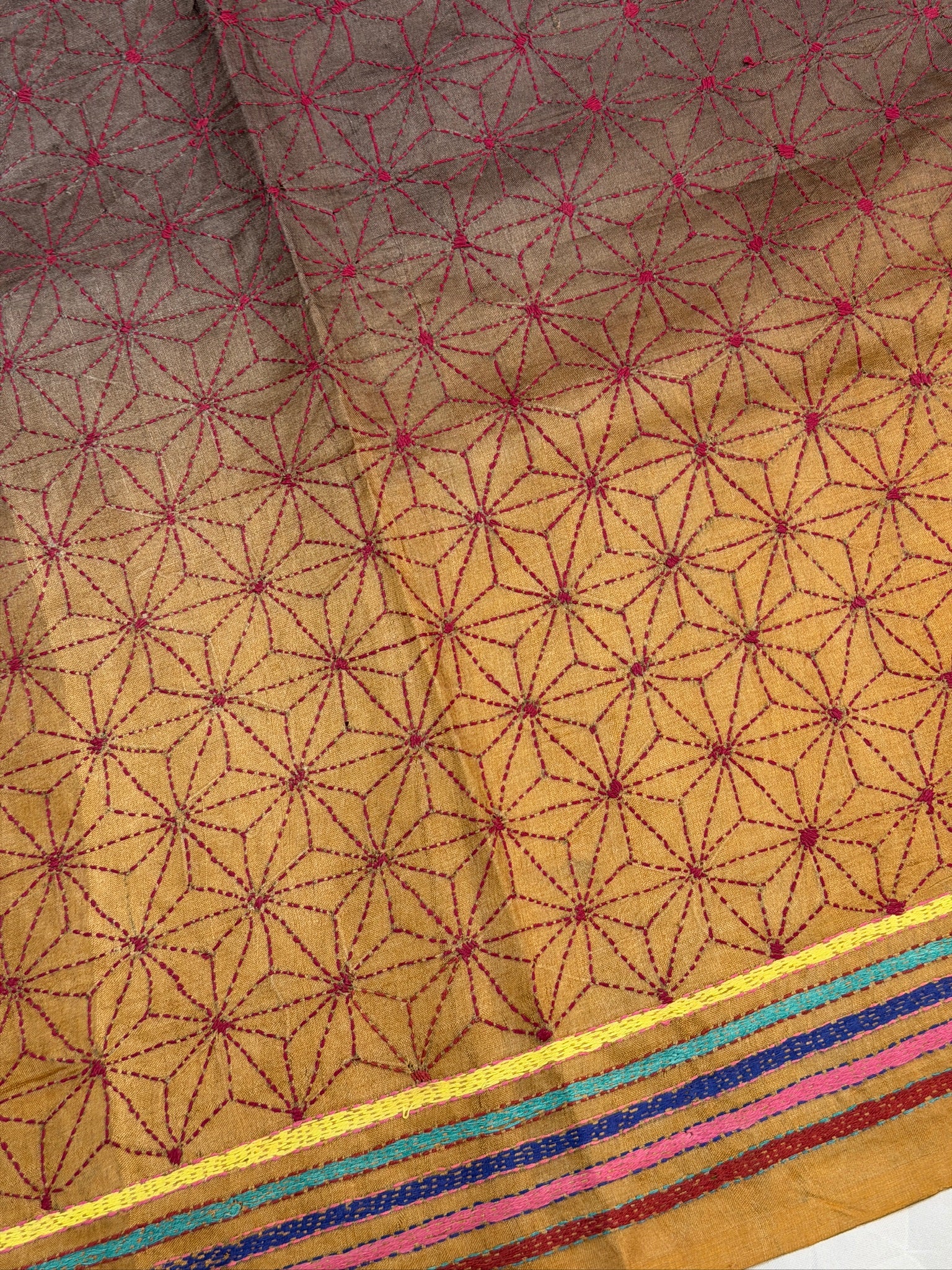 VIRASAT 398: Matte Gold Pure Tussar Silk Kantha Work Saree | Silk Mark Certified
