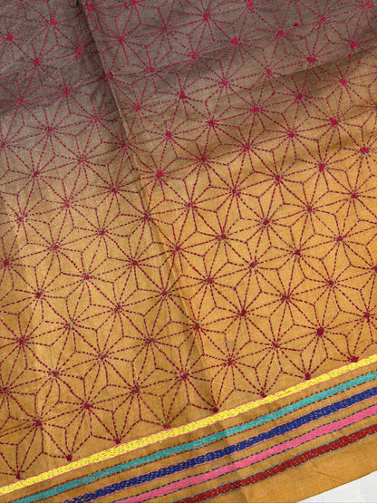 VIRASAT 398: Matte Gold Pure Tussar Silk Kantha Work Saree | Silk Mark Certified
