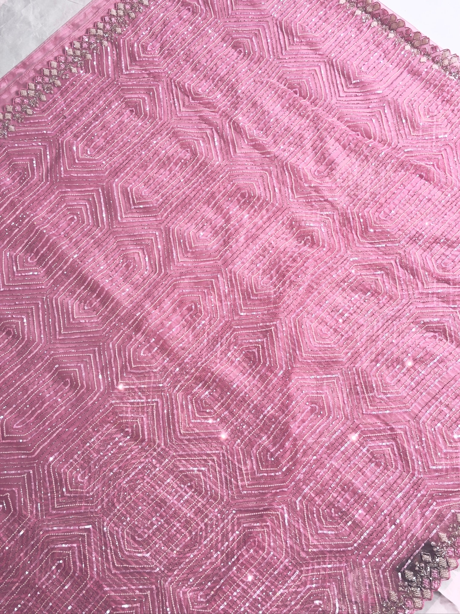 VIRASAT 412: Blush Pink Organza Silk Saree with Cutdana, Pearl &amp; Sequin Handwork