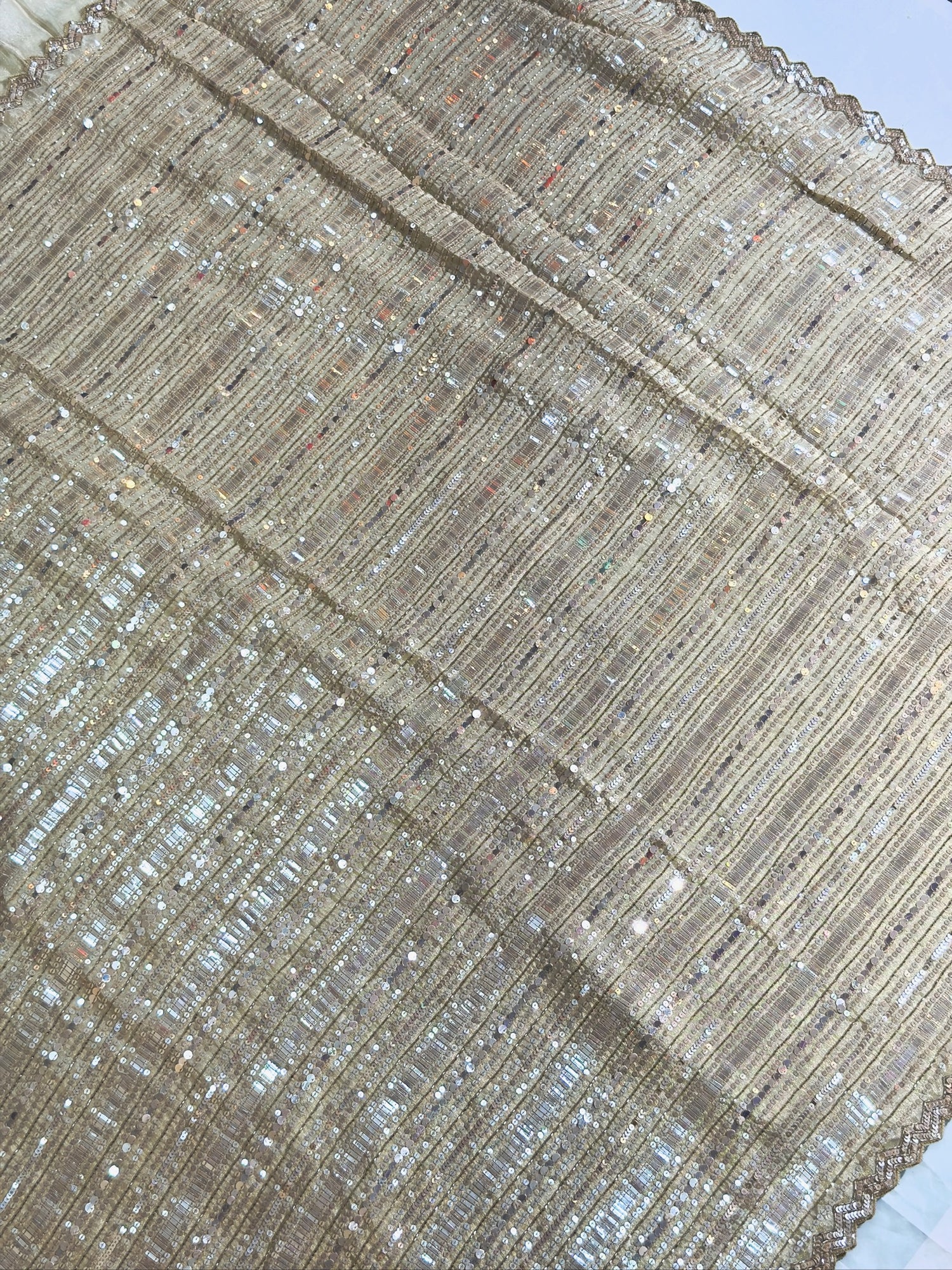 VIRASAT 413: Beige Tissue Organza Silk Saree with Cutdana, Pearl &amp; Sequin Handwork