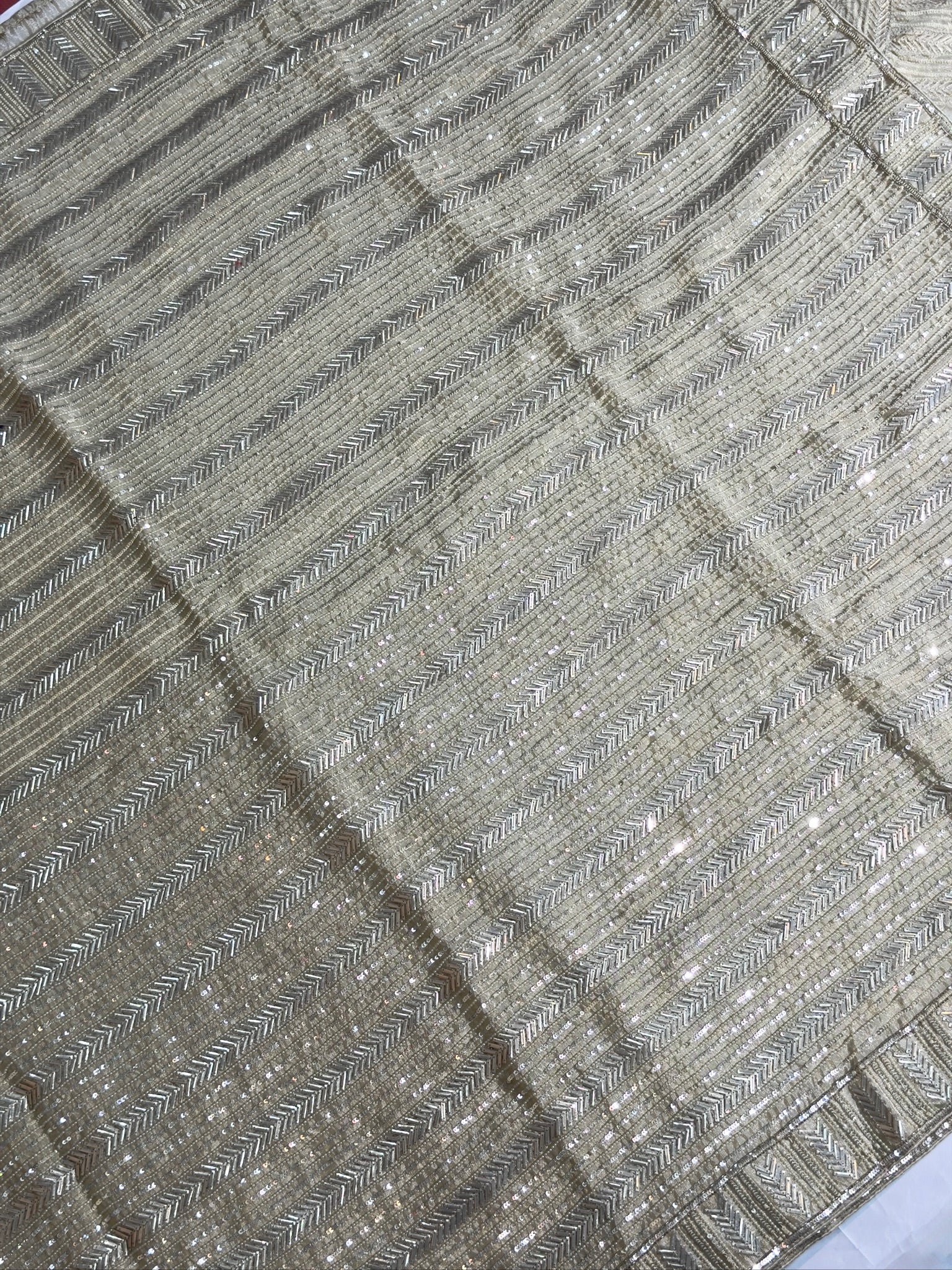 VIRASAT 411: Champagne Gold Tissue Organza Silk Saree with Cutdana, Pearl &amp; Sequin Handwork