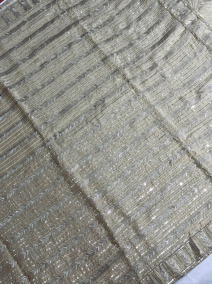 VIRASAT 411: Champagne Gold Tissue Organza Silk Saree with Cutdana, Pearl &amp; Sequin Handwork