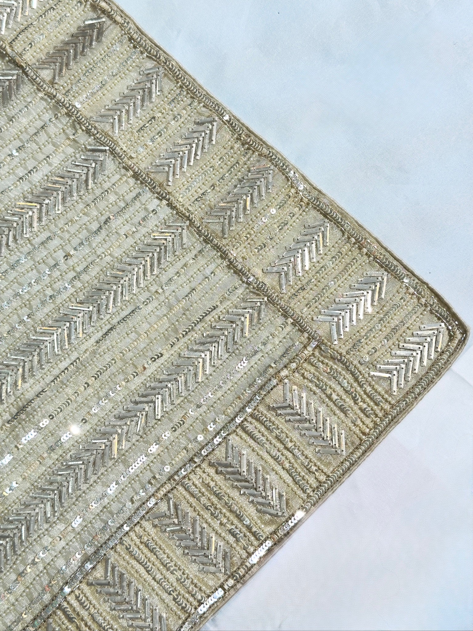 VIRASAT 411: Champagne Gold Tissue Organza Silk Saree with Cutdana, Pearl &amp; Sequin Handwork