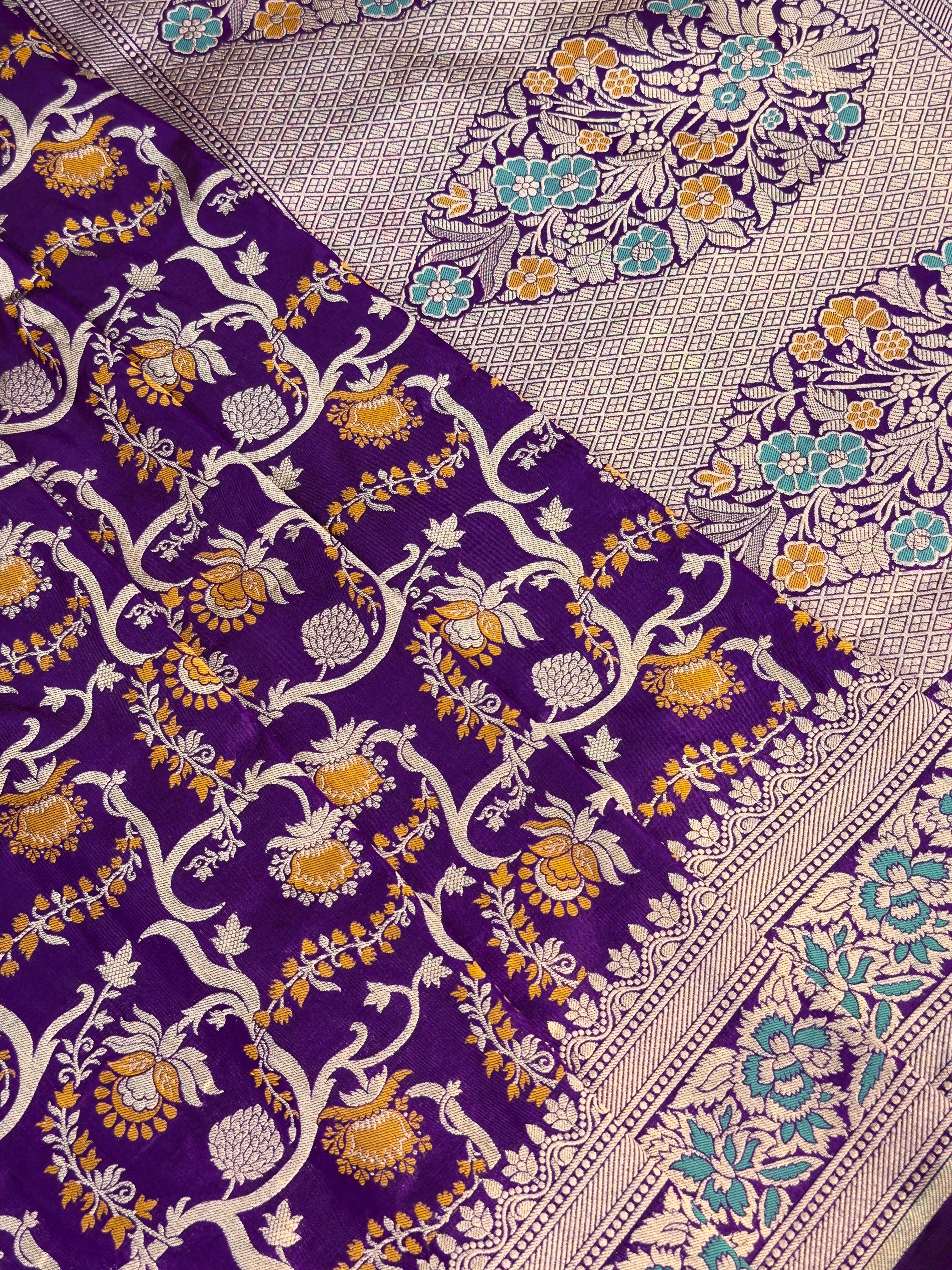 VIRASAT 419: Royal Purple Pure Handloom Floral Jaal Meenakari Saree | Silk Mark Certified
