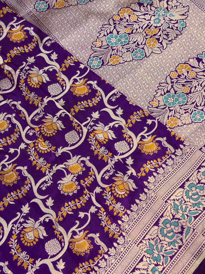VIRASAT 419: Royal Purple Pure Handloom Floral Jaal Meenakari Saree | Silk Mark Certified