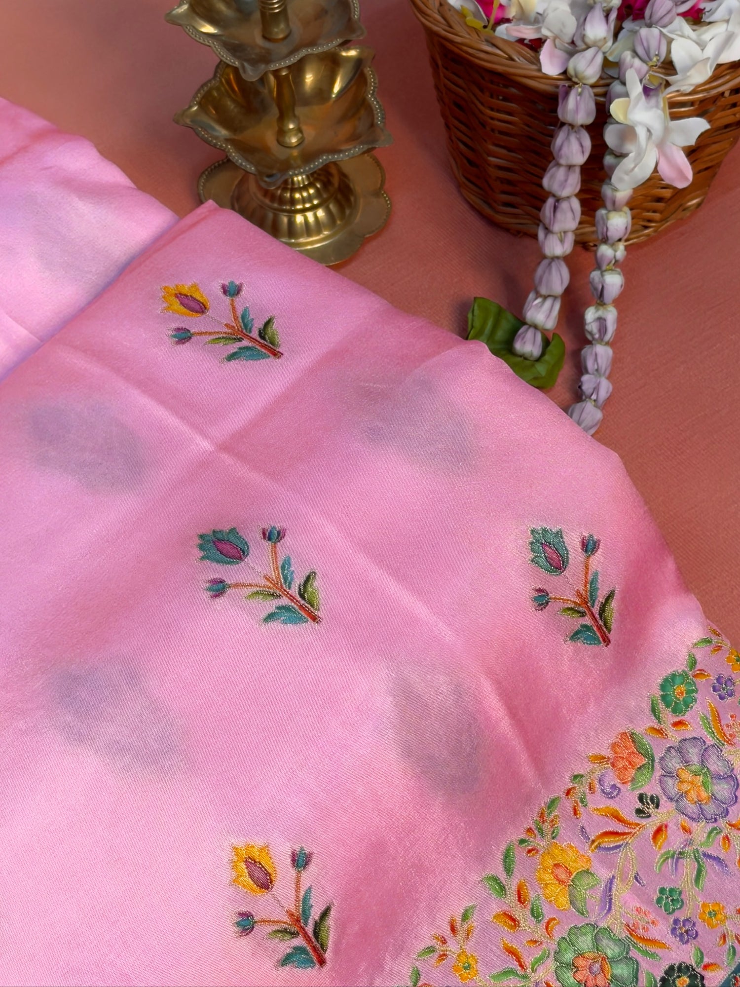 Waah Banaras 159: Lotus Pink Soft Silk Saree with Multicolor Position Print and Floral Border
