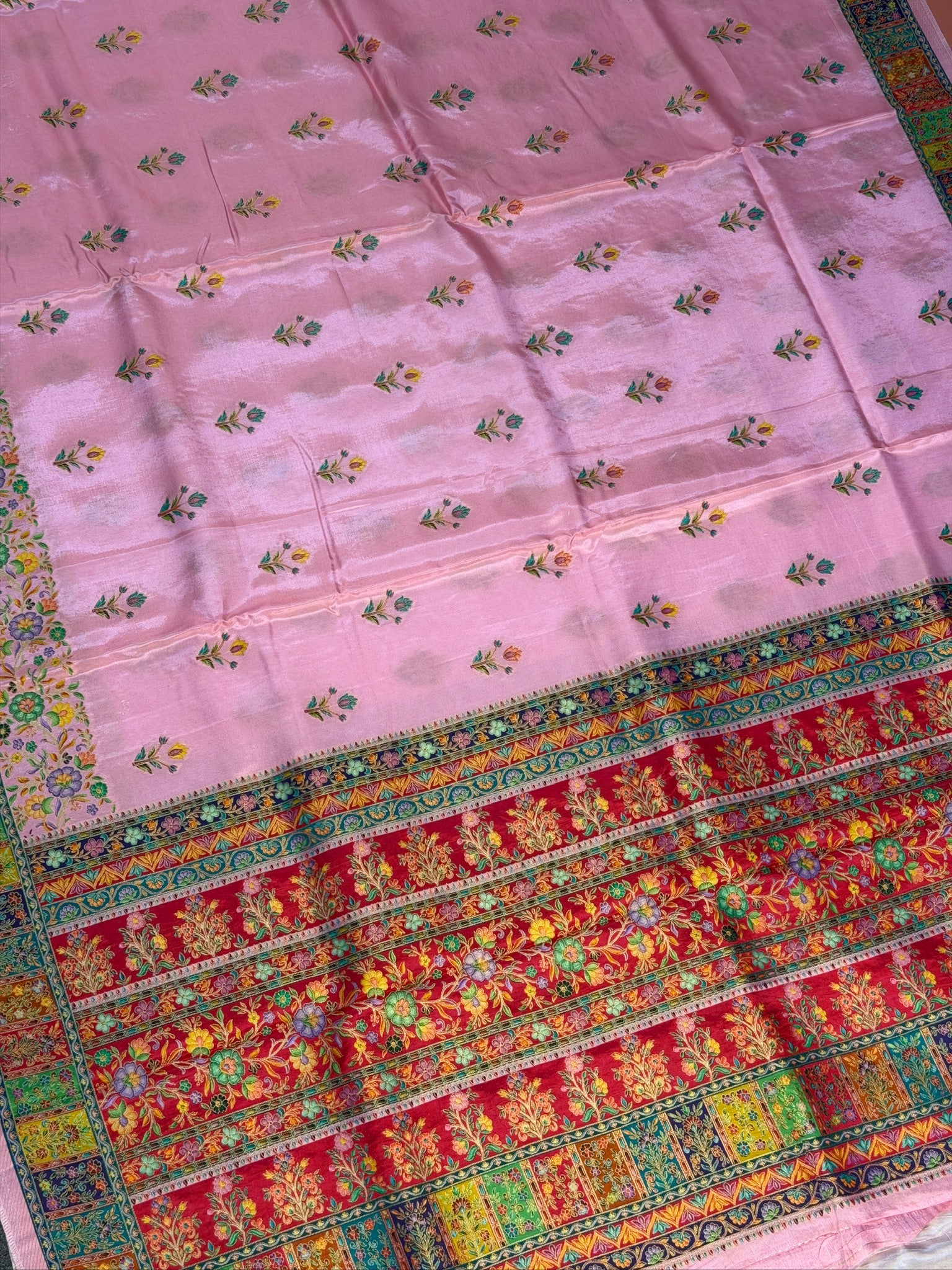 Waah Banaras 159: Lotus Pink Soft Silk Saree with Multicolor Position Print and Floral Border