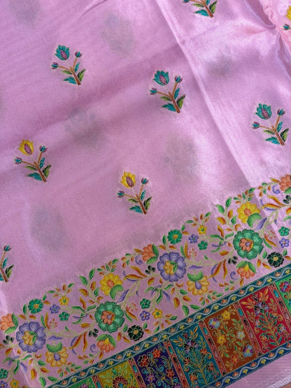 Waah Banaras 159: Lotus Pink Soft Silk Saree with Multicolor Position Print and Floral Border
