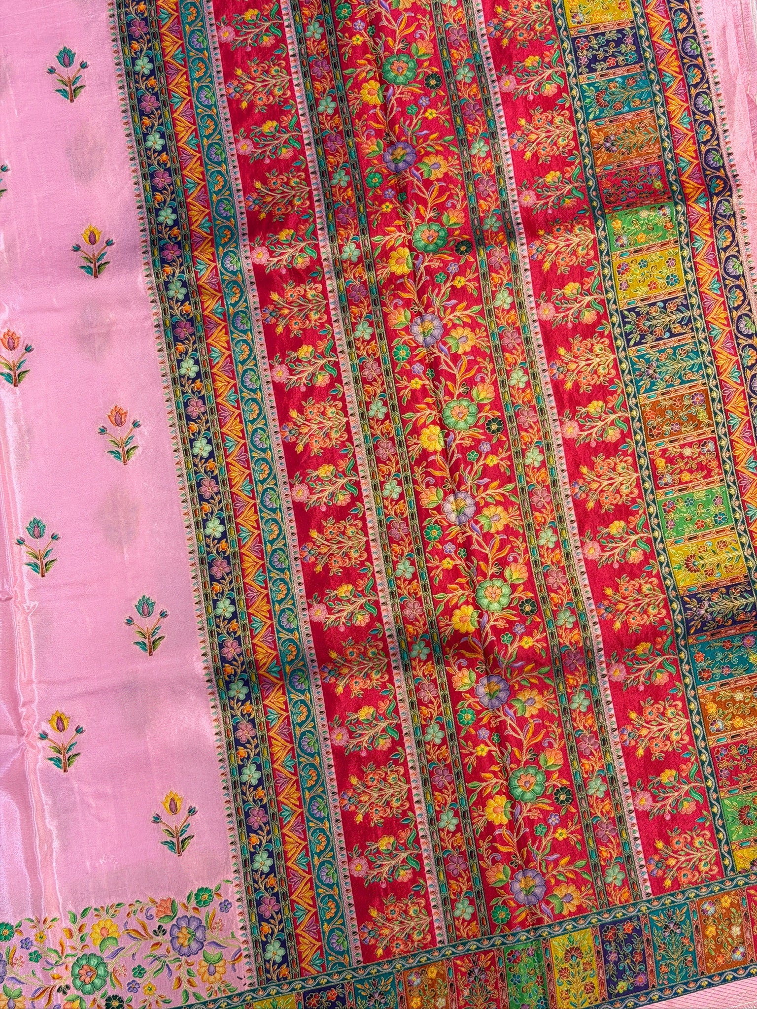 Waah Banaras 159: Lotus Pink Soft Silk Saree with Multicolor Position Print and Floral Border