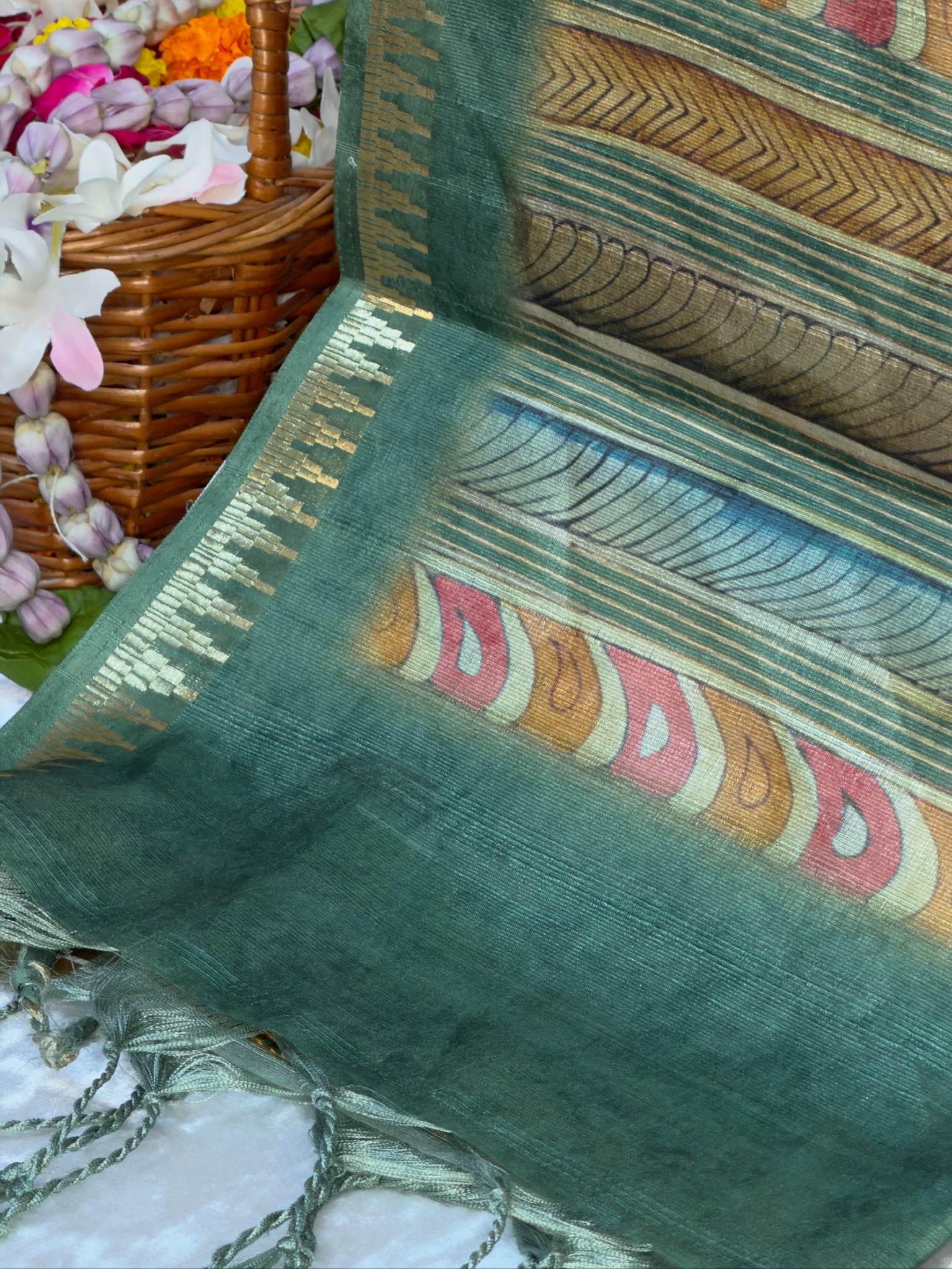 UTSAV BANARAS 388: Dusty Green Tussar Silk Kalamkari Print Saree