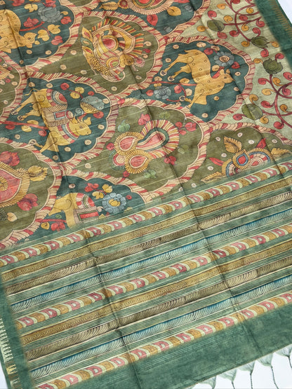UTSAV BANARAS 388: Dusty Green Tussar Silk Kalamkari Print Saree
