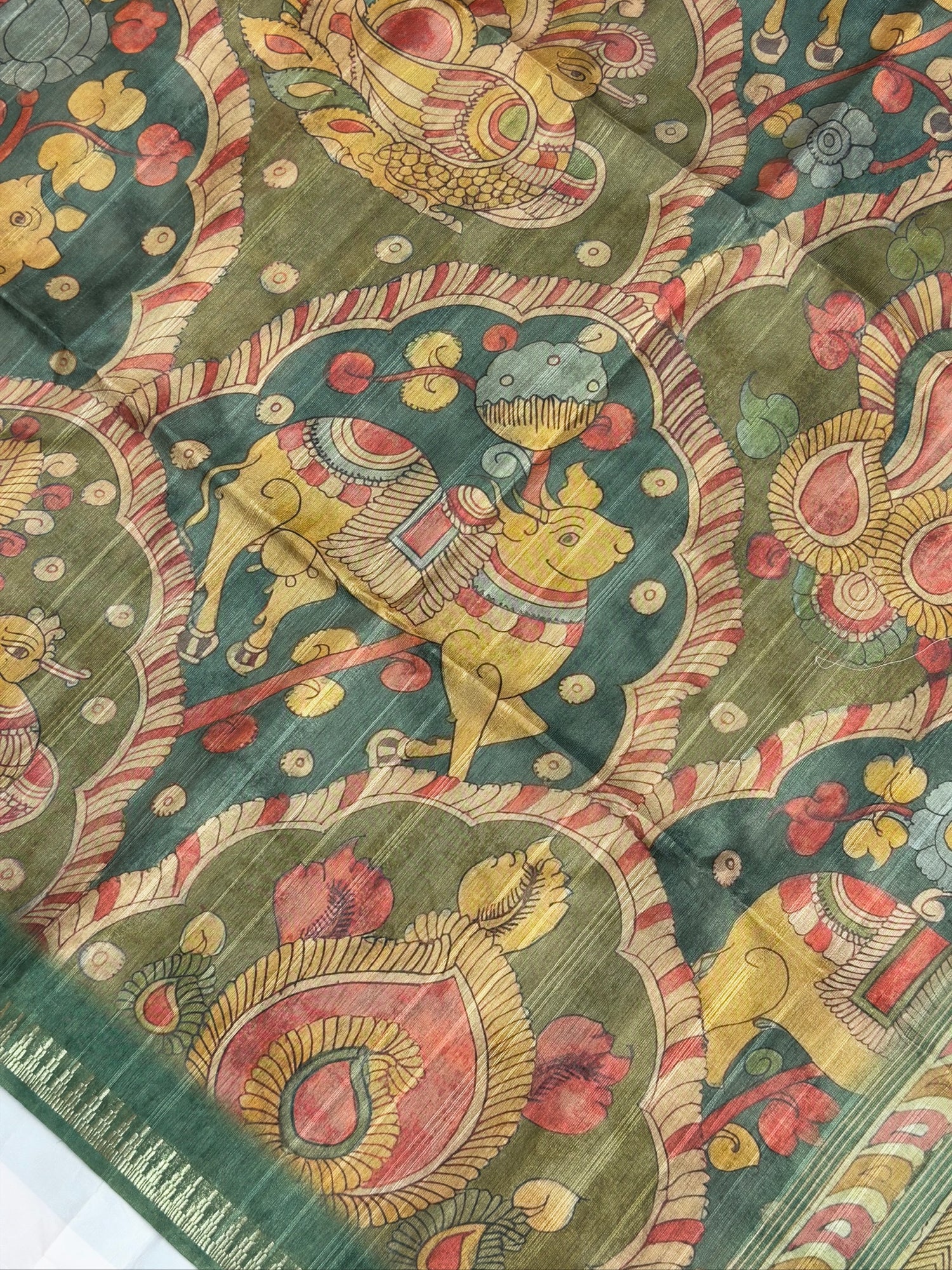 UTSAV BANARAS 388: Dusty Green Tussar Silk Kalamkari Print Saree