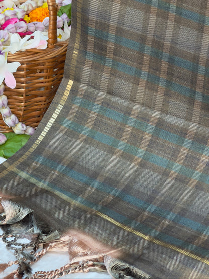 UTSAV BANARAS 384: Tussar Silk Checked Saree Antique Gold with Contrast Check Border