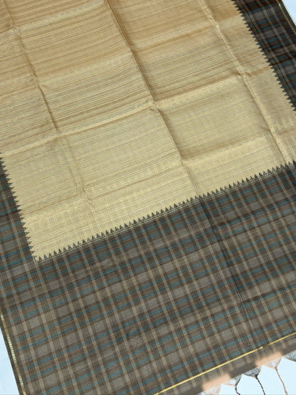 UTSAV BANARAS 384: Tussar Silk Checked Saree Antique Gold with Contrast Check Border